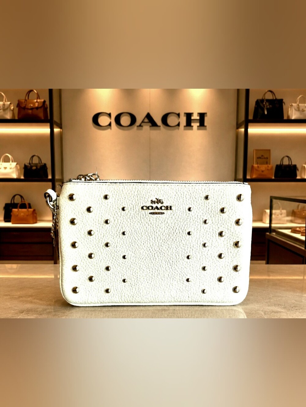 Coach Small Chalk Pebbled Leather Wristlet with Silver Prairie/Ombre Rivets